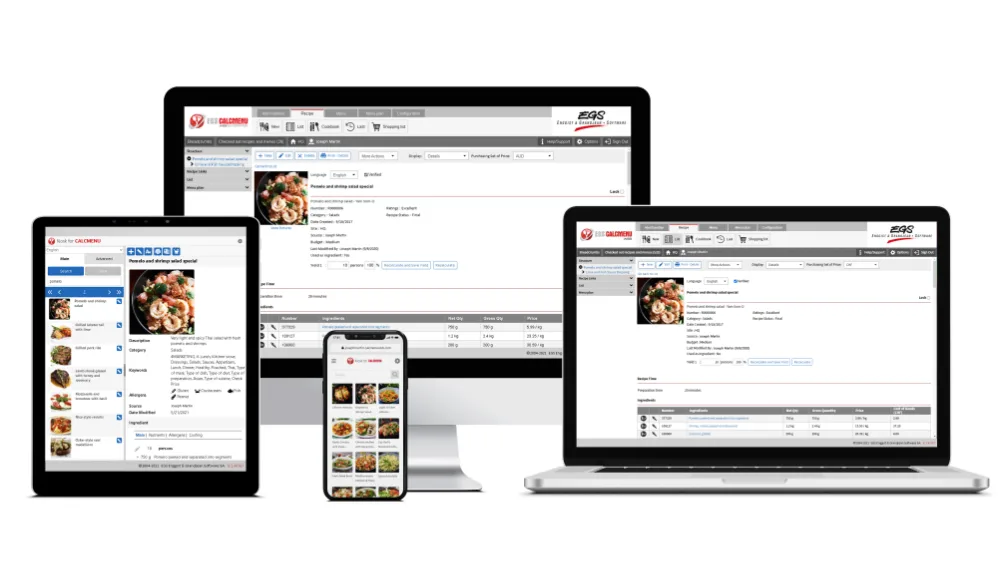 CalcMenu recipe management software on desktop, tablet, and mobile